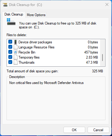 Disk Cleanup interface with all ticked files.