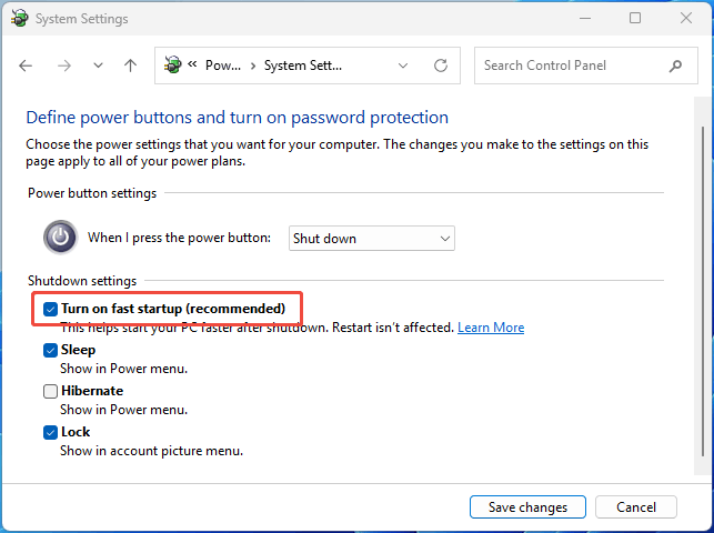 Control Panel interface with the selected Turn on fast startup option.