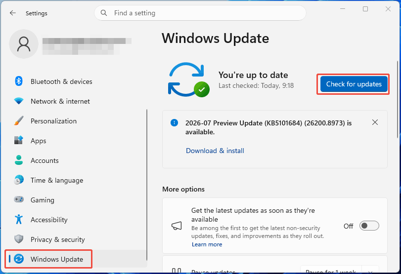 Windows Update Settings window with the selected Check for updates button.