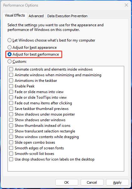 Performance Options Visual Effects page with the selected Adjust for best performance option.