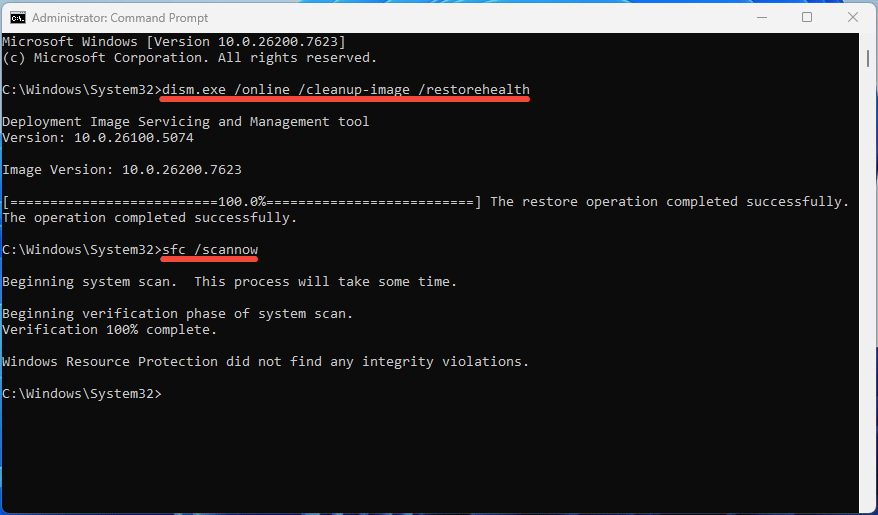 Command Prompt window with the DISM and SFC commands to repair system files.