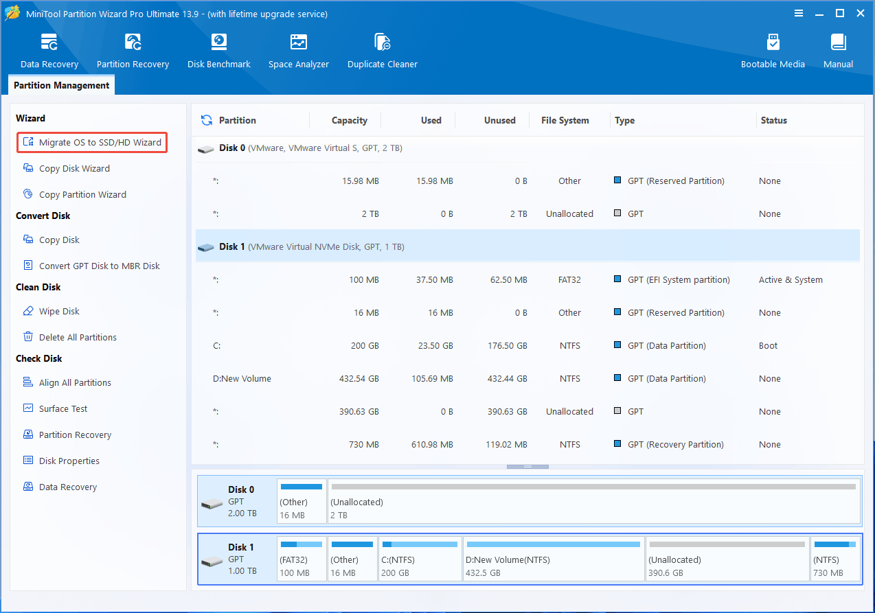 MiniTool Partition Wizard interface with the selected OS migration feature.