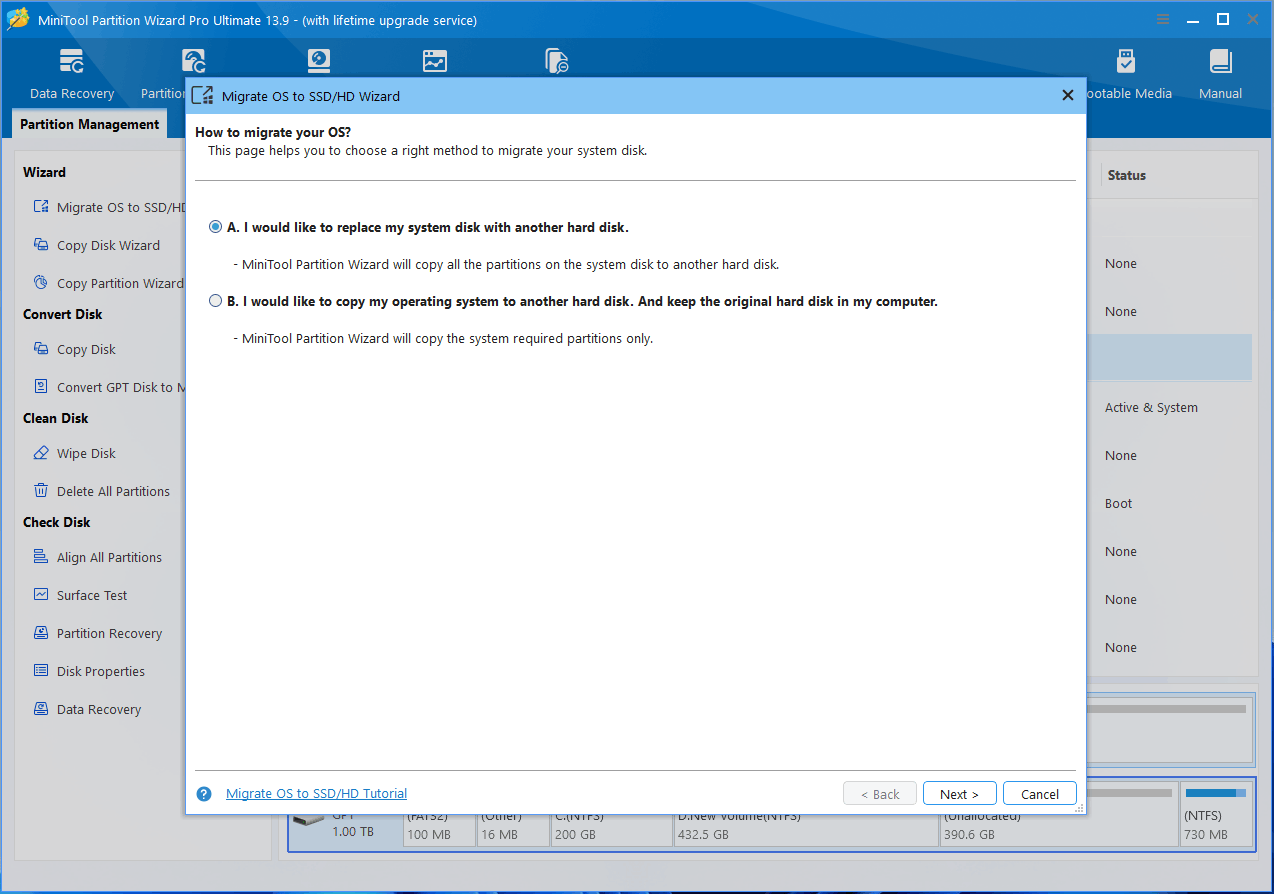 MiniTool Partition Wizard interface with OS migration wizard window asking you how to migrate your OS.