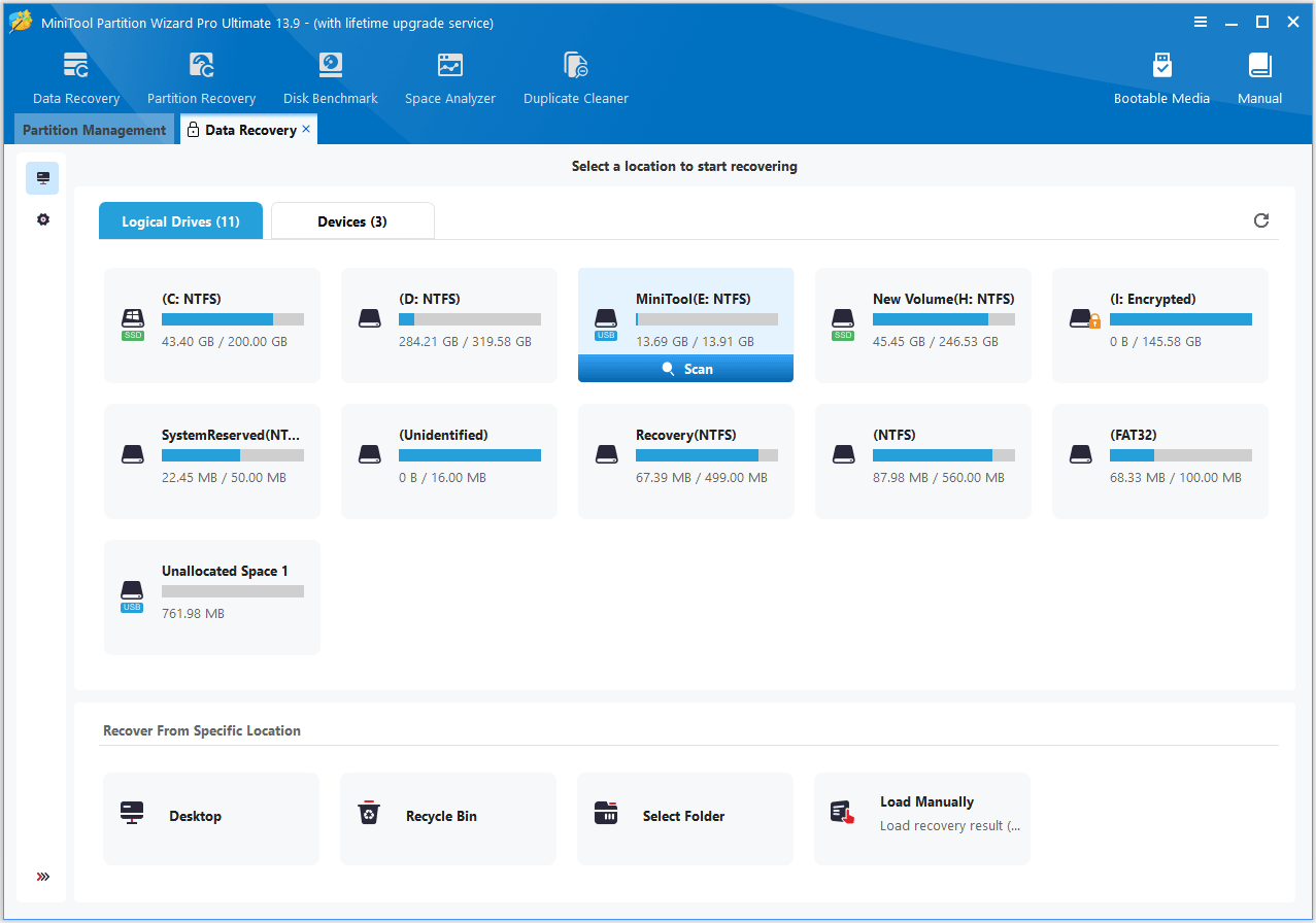 The Data Recovery interface with the selected Scan option.