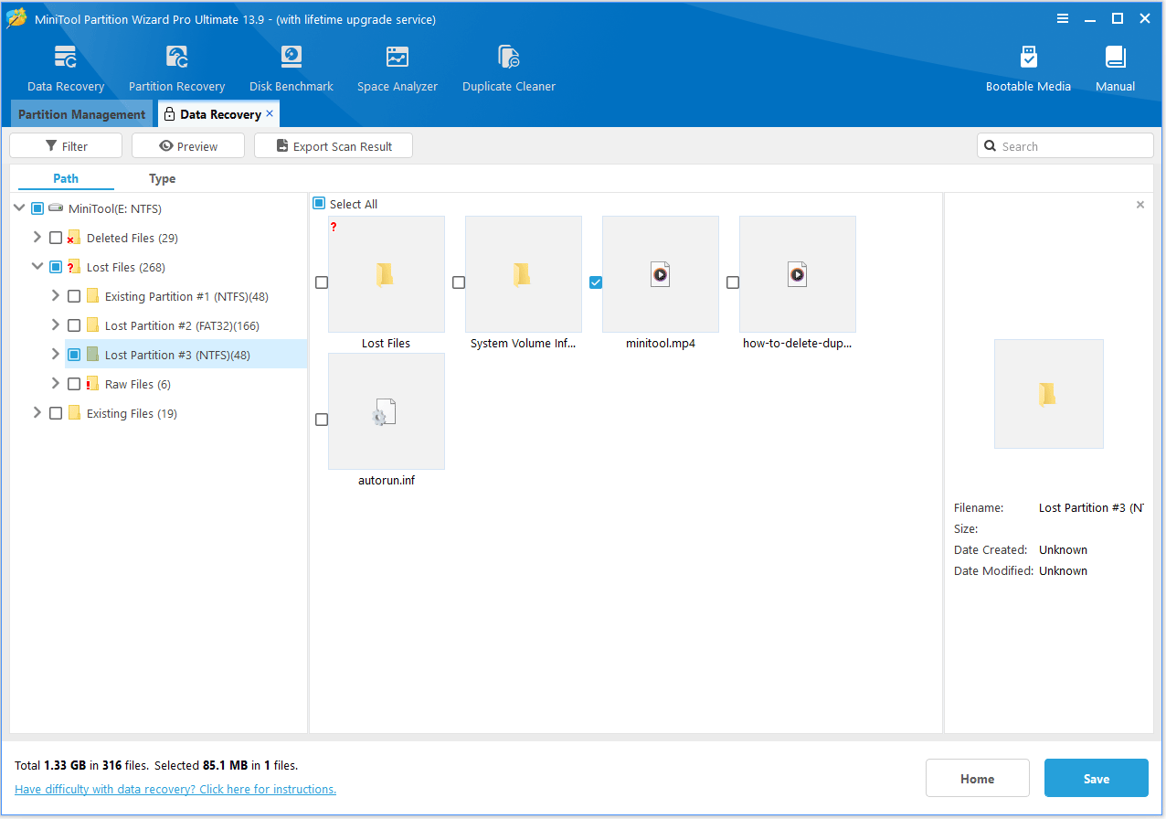 The Data Recovery interface with the selected Save option.
