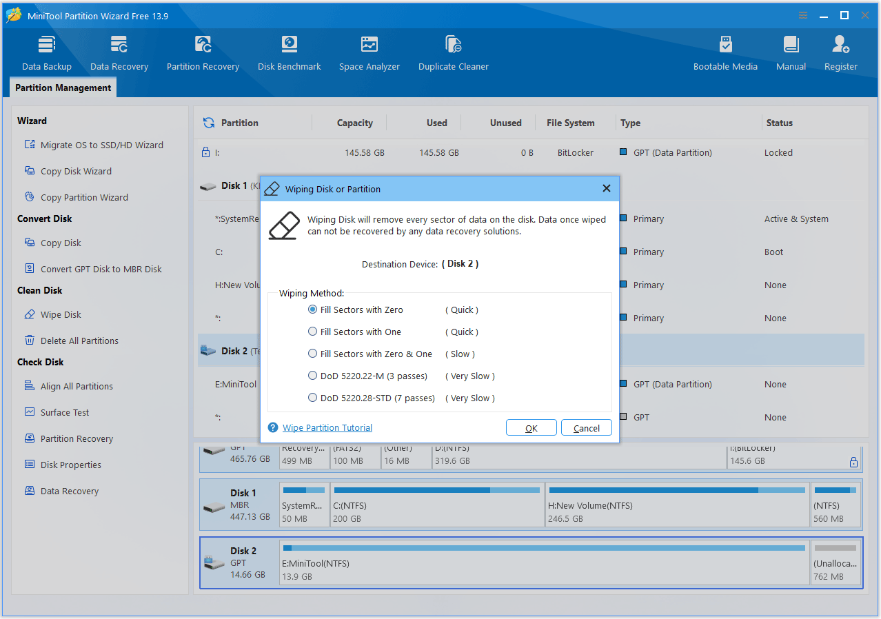 The Wiping Disk or Partition interface with the selected Wipe Disk option.