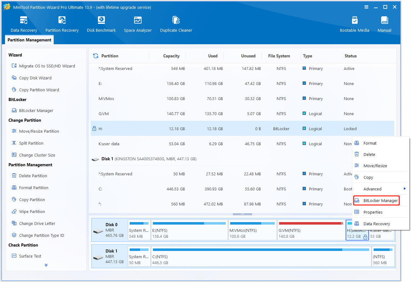 The MiniTool Partition Wizard interface with the BitLocker Manager option selected.