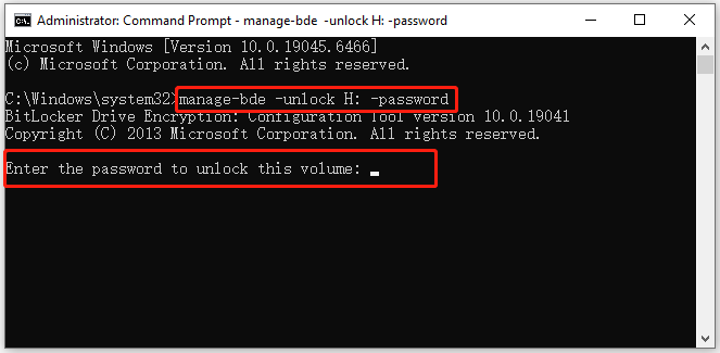 The Command Prompt window with the unlock BitLocker command shown.