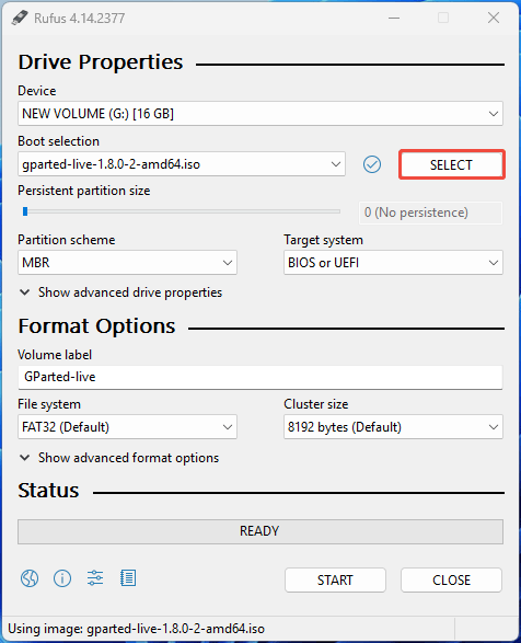 Rufus interface with the chosen SELECT button.