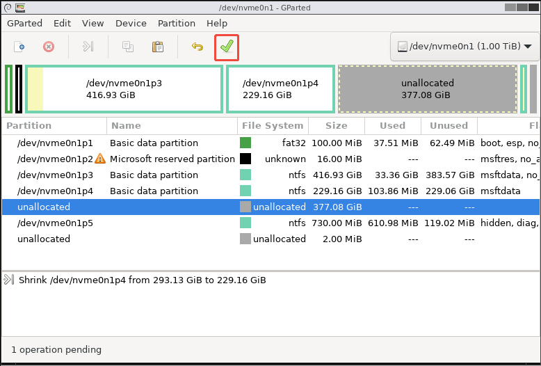 GParted interface with the selected green tick icon at the top section.