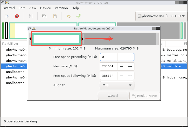GParted interface with the Resize Move window and selected partition block.