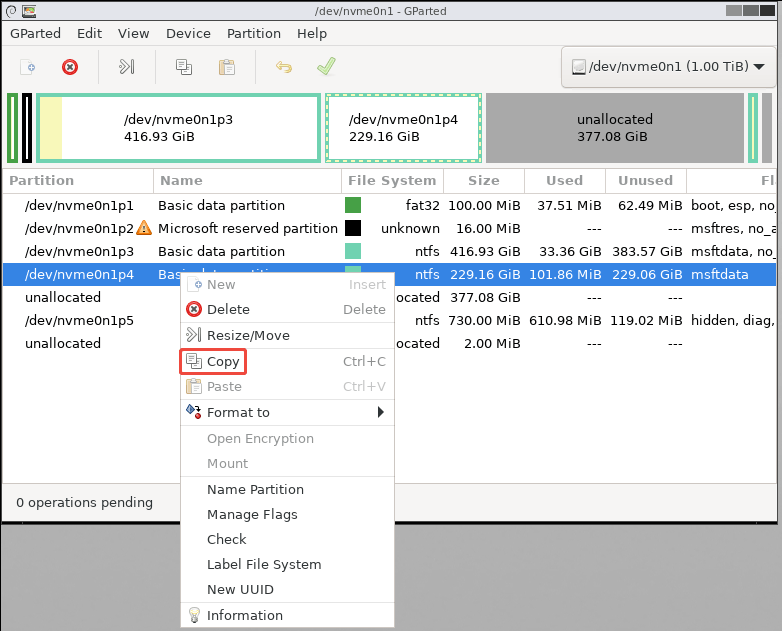 GParted interface with the selected Copy option in the right click menu.
