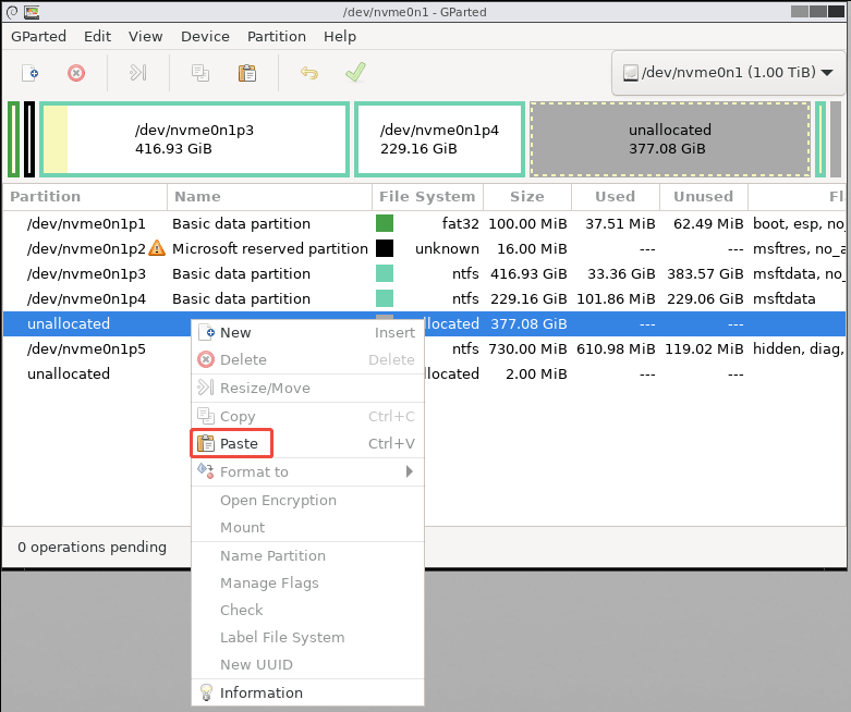 GParted interface with the selected Paste option in the right click menu.