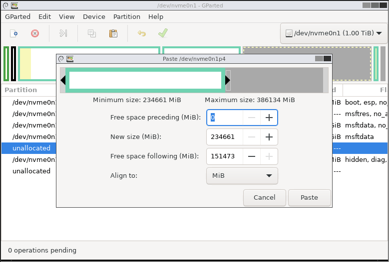 GParted interface with the Paste window.