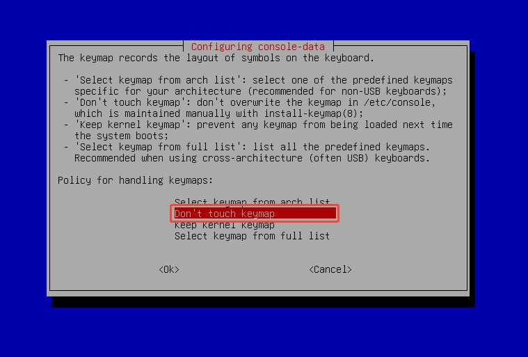 GParted configure console data interface with the selected do not touch keymap option.