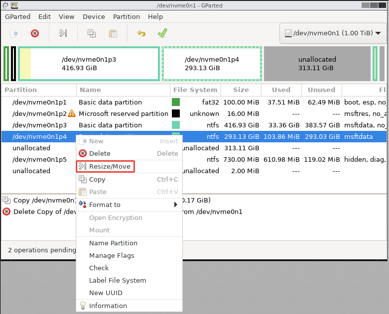 GParted interface with the selected Resize Move feature in the right click menu.