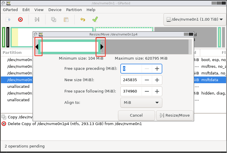 GParted interface with the Resize Move window and selected borders.