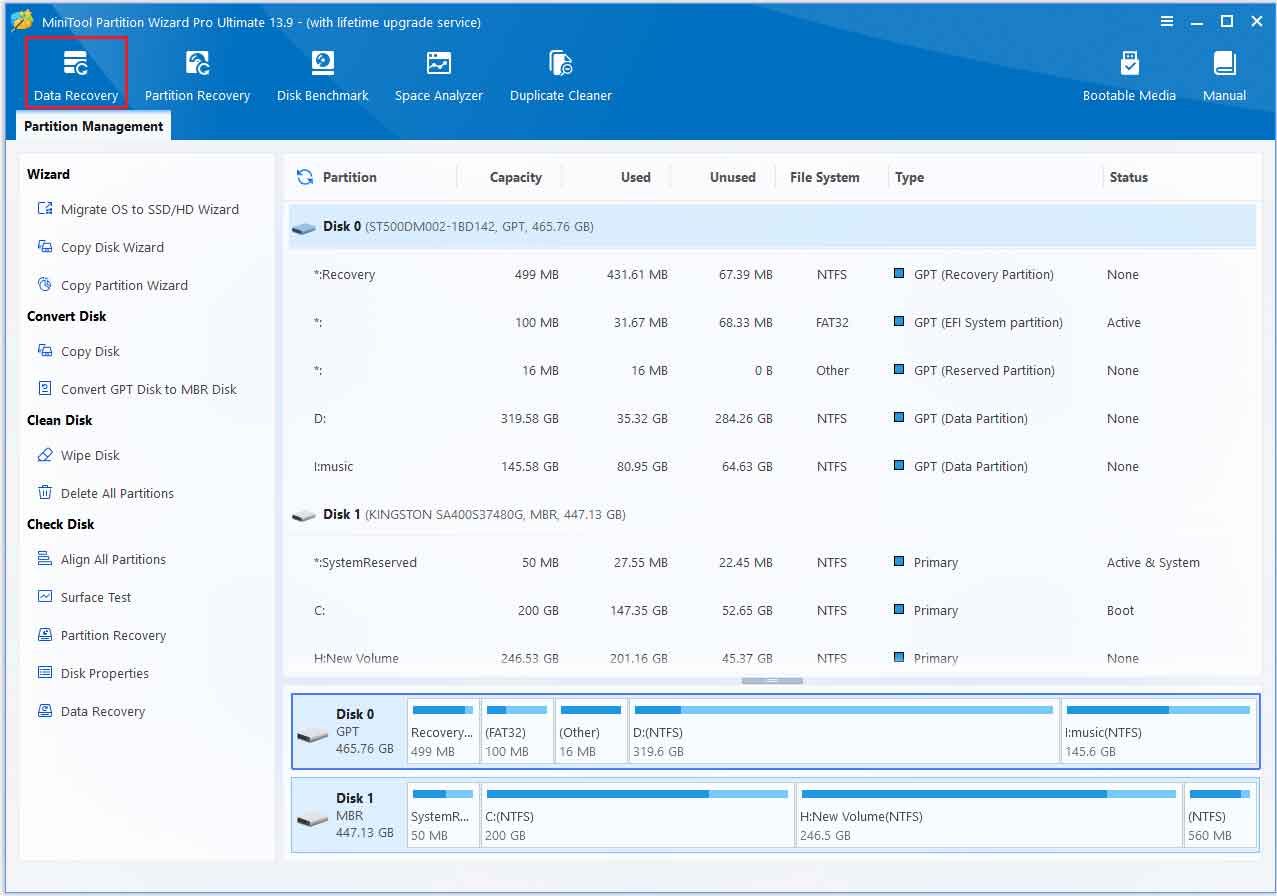 The MiniTool Partition Wizard interface with the selected Data Recovery option.