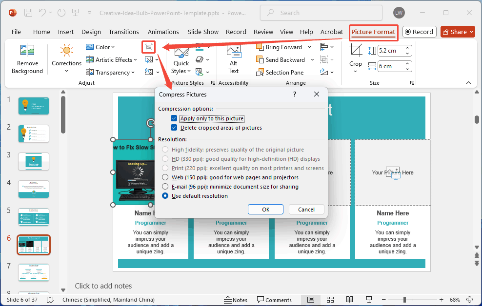 PowerPoint interface Picture Format tab with the Compress Pictures window.