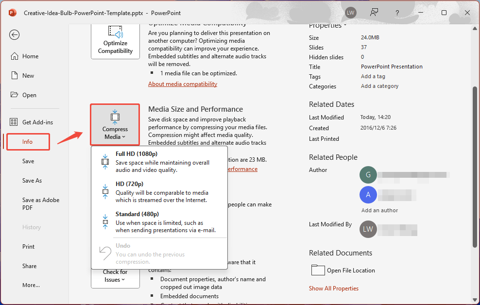 PowerPoint interface File Info tab with the selected Compress Media option.