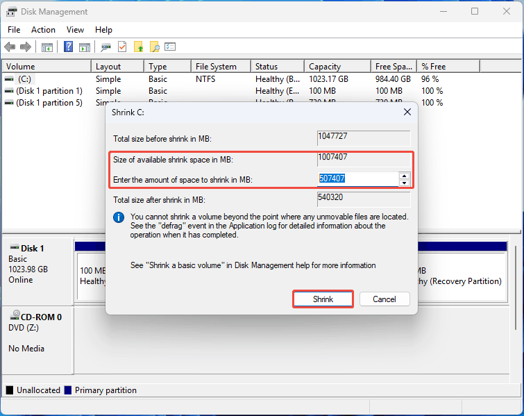 Disk Management interface with the Shrink C window.