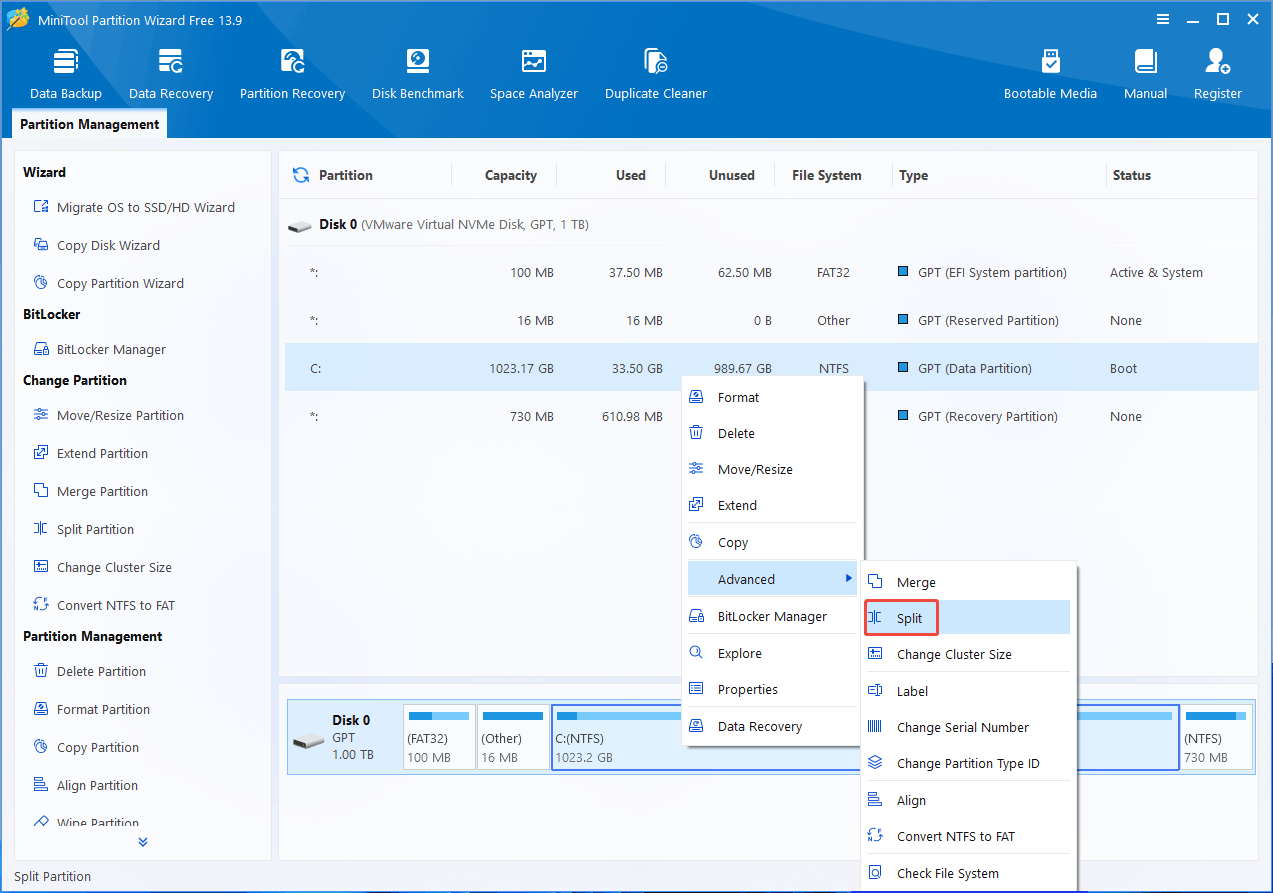 MiniTool Partition Wizard interface with the selected Split option in the Advanced menu.