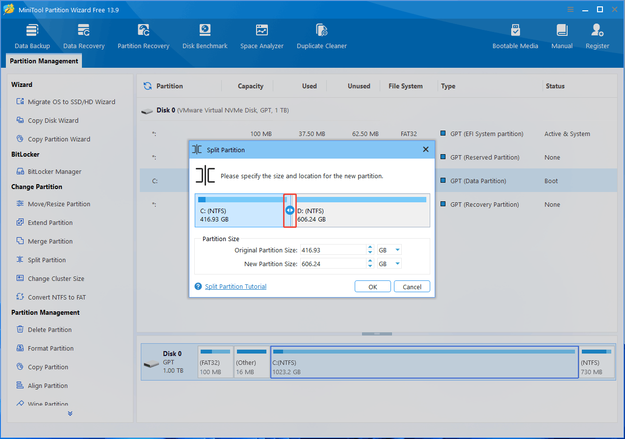 MiniTool Partition Wizard interface with the Split Partition window.