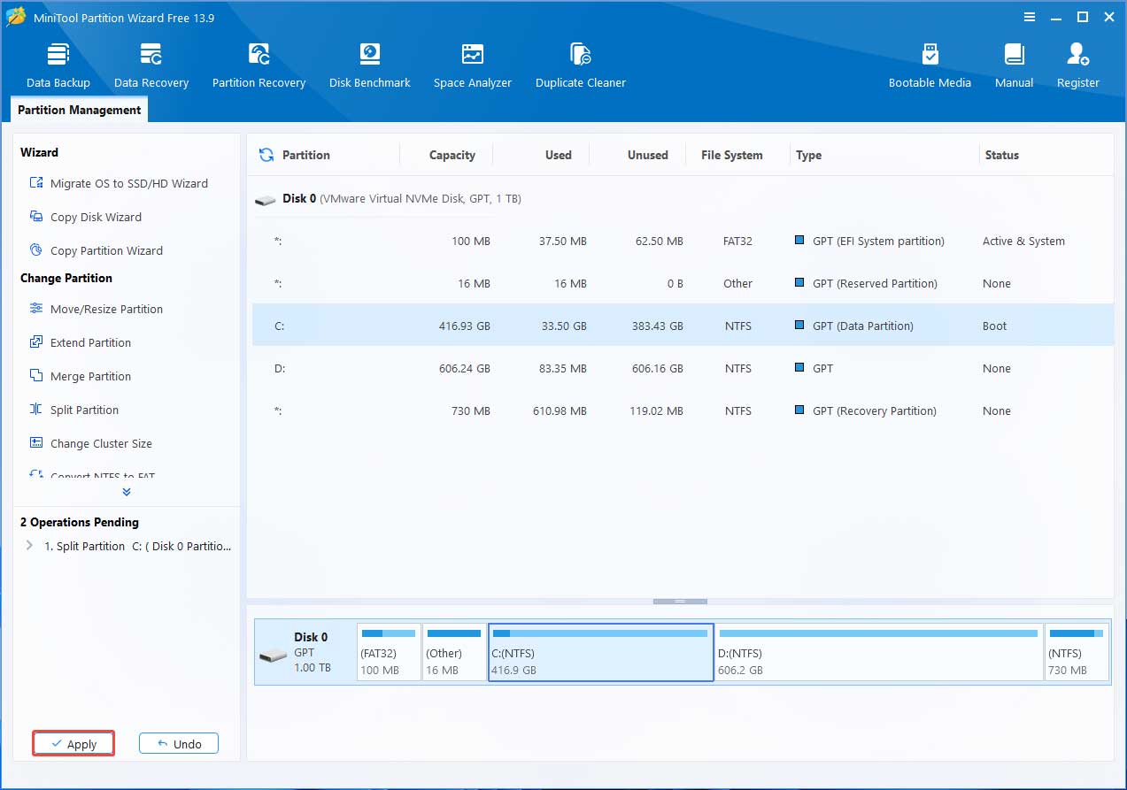MiniTool Partition Wizard interface with the selected Apply button.