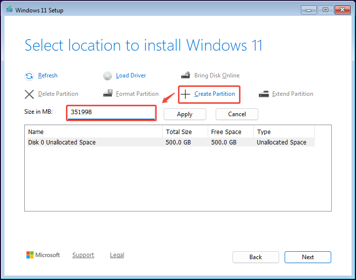 Windows 11 Setup window showing the selected Create Partition in the Windows installation location selection page.