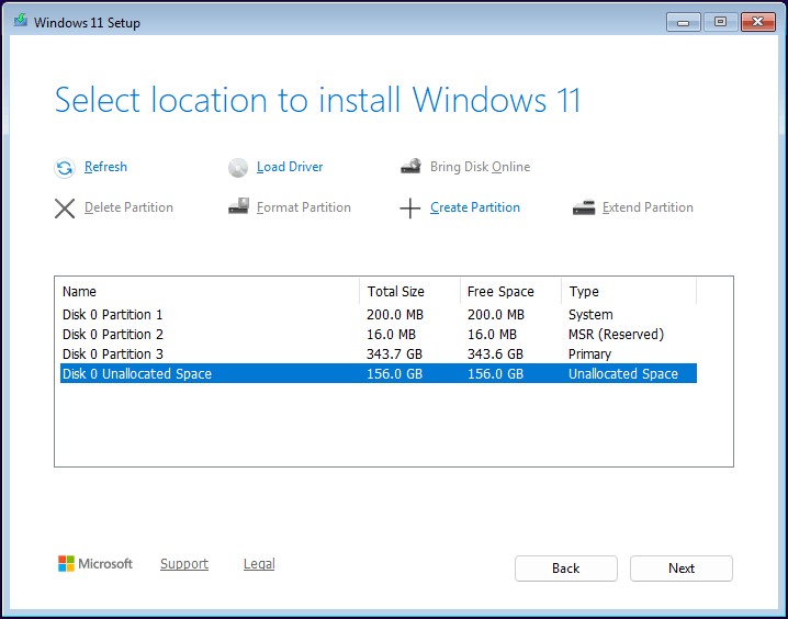 Windows 11 Setup window with the highlighted unallocated space in the Windows installation location selection page.