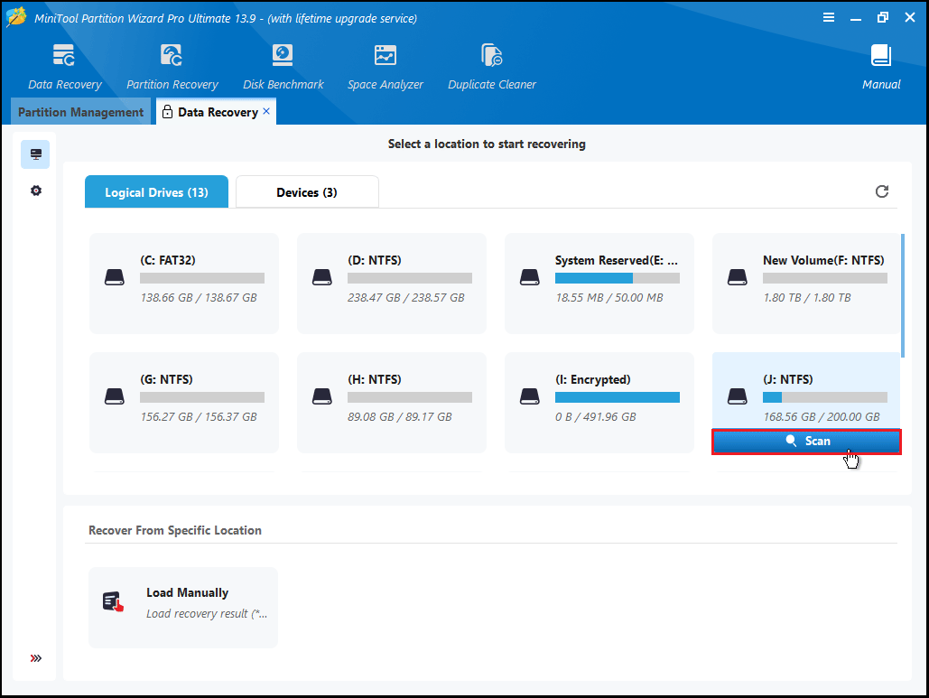 The Data Recovery interface with the selected Scan option.