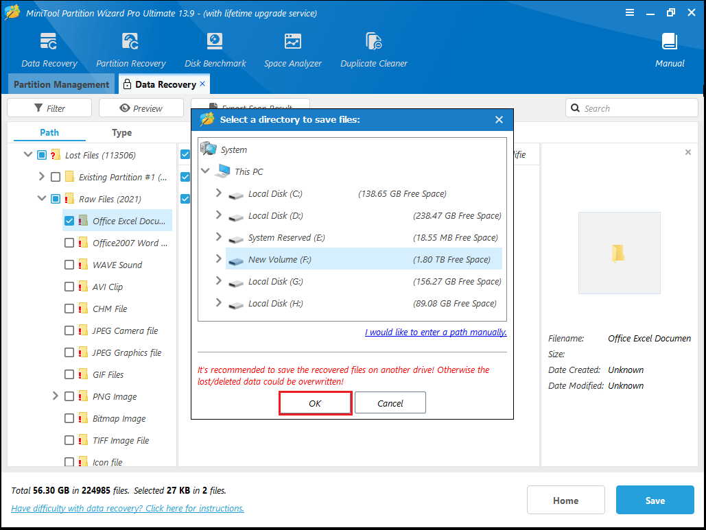 The Select a directory to save files interface with the selected OK option.