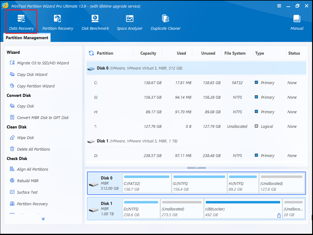 The MiniTool Partition Wizard interface with the selected Data Recovery option.