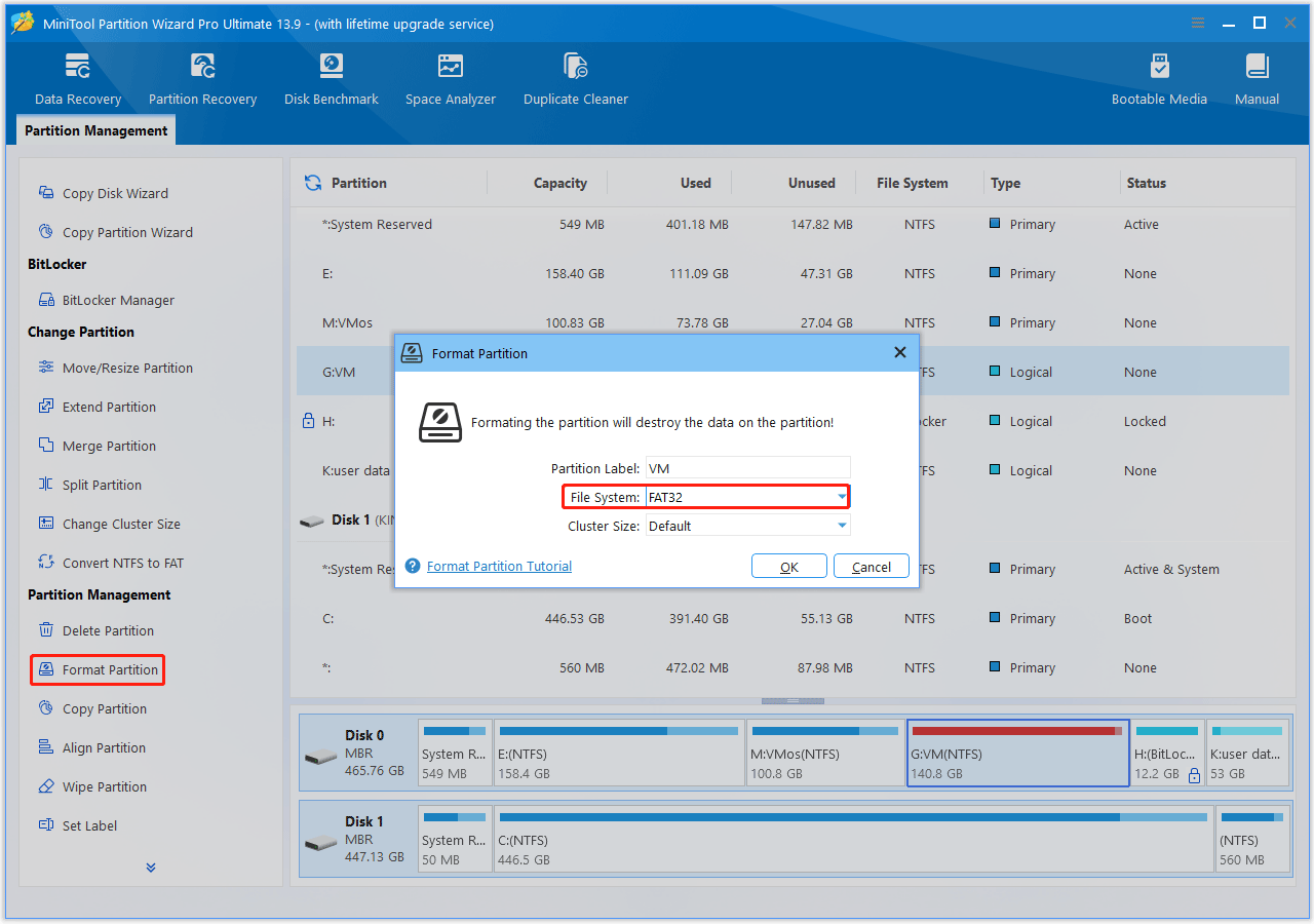 The MiniTool Partition Wizard interface with the Format Partition option and the window shown.