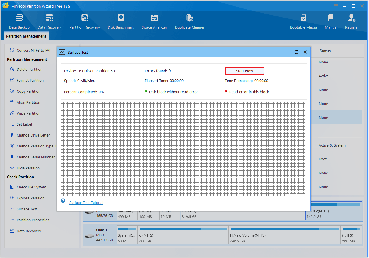 The Surface Test interface with the selected Start Now option.