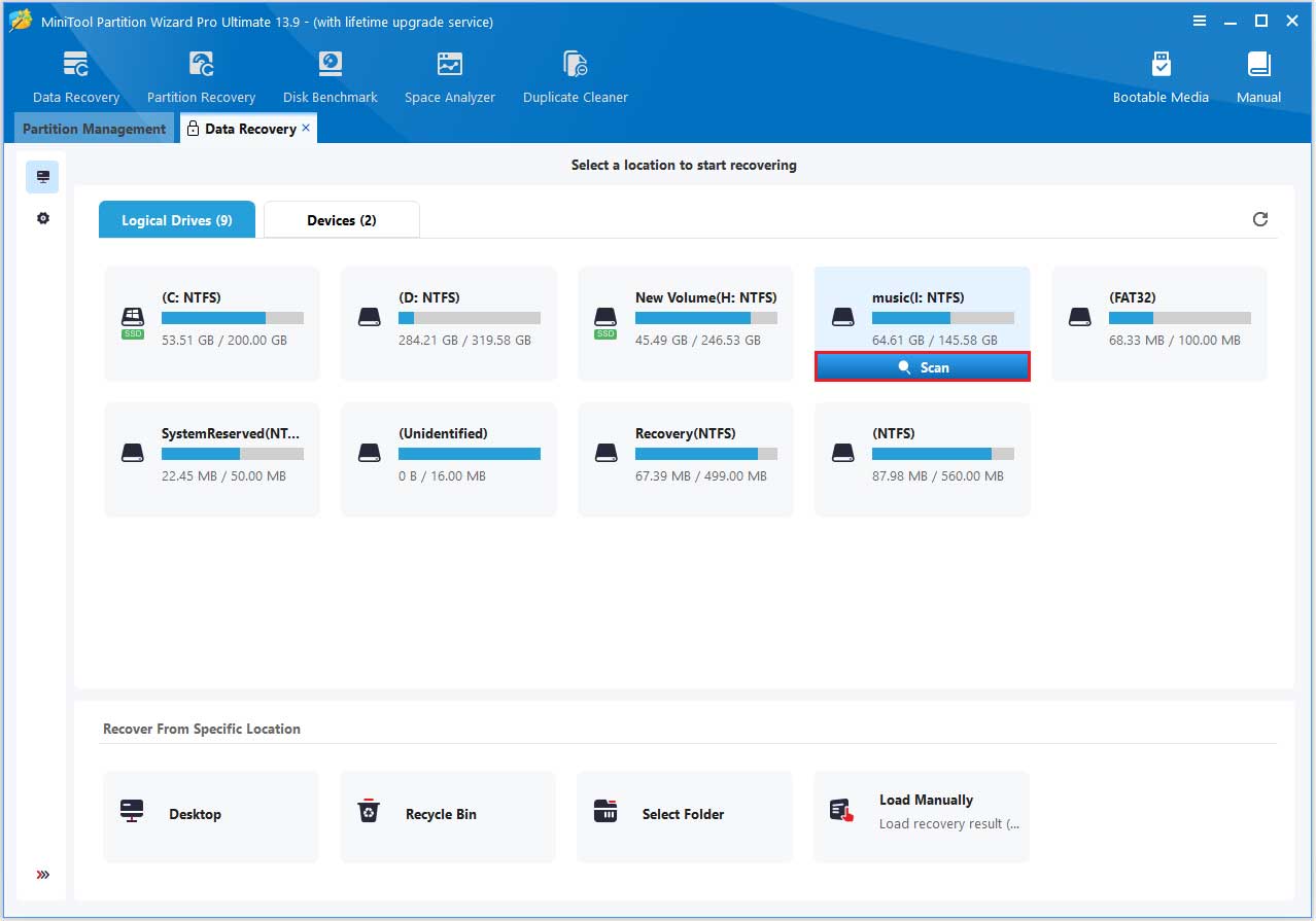 The Data Recovery interface with the selected Scan option.