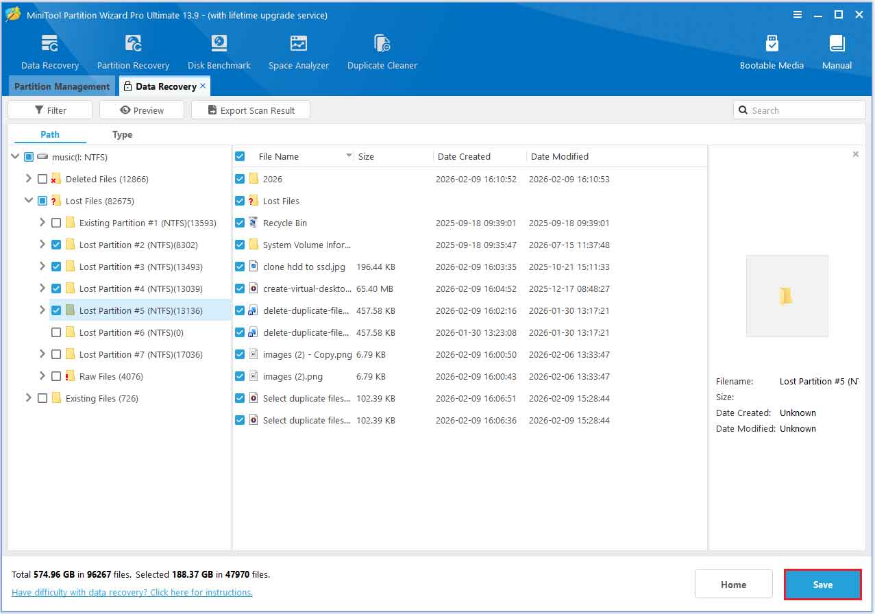 The Data Recovery interface with the selected Save option.