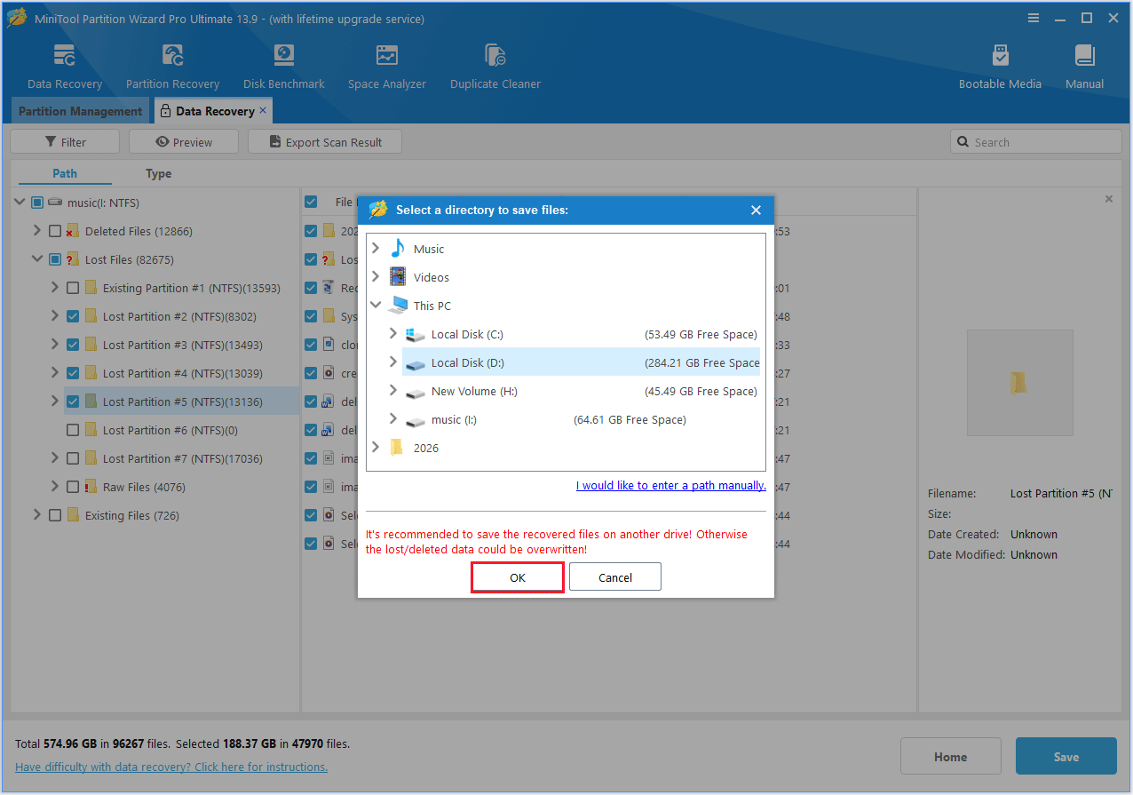 The Select a directory to save files interface with the selected OK option.