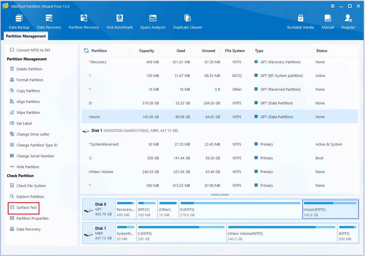 The MiniTool Partition Wizard interface with the selected Surface Test option.
