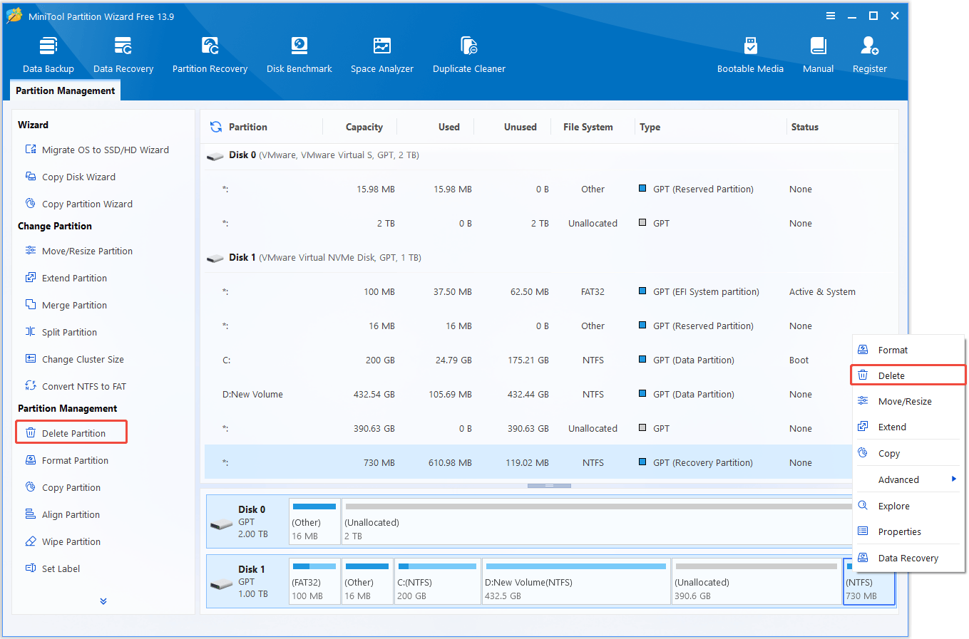 The interface of MiniTool Partition Wizard with selected Delete Partition and Delete.