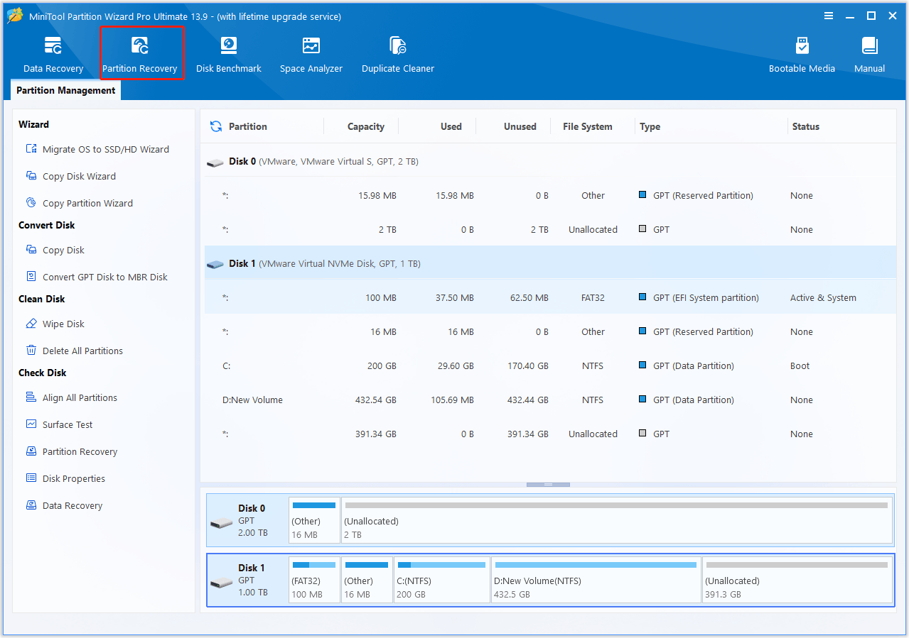 The interface of MiniTool Partition Wizard with selected Partition Recovery.