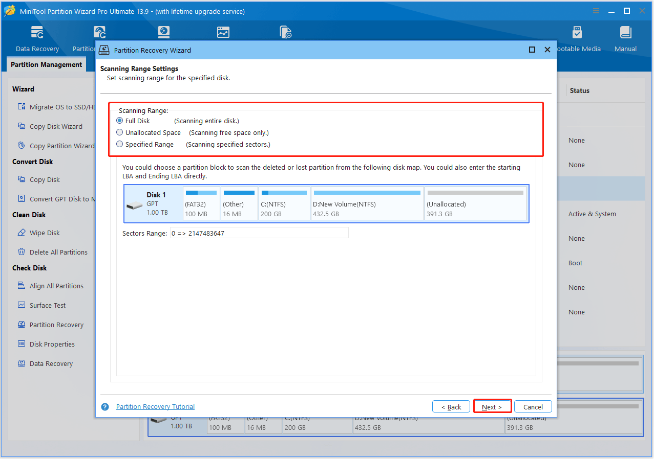 The interface of MiniTool Partition Wizard with the Partition Recovery Wizard window and selected Scanning Range.