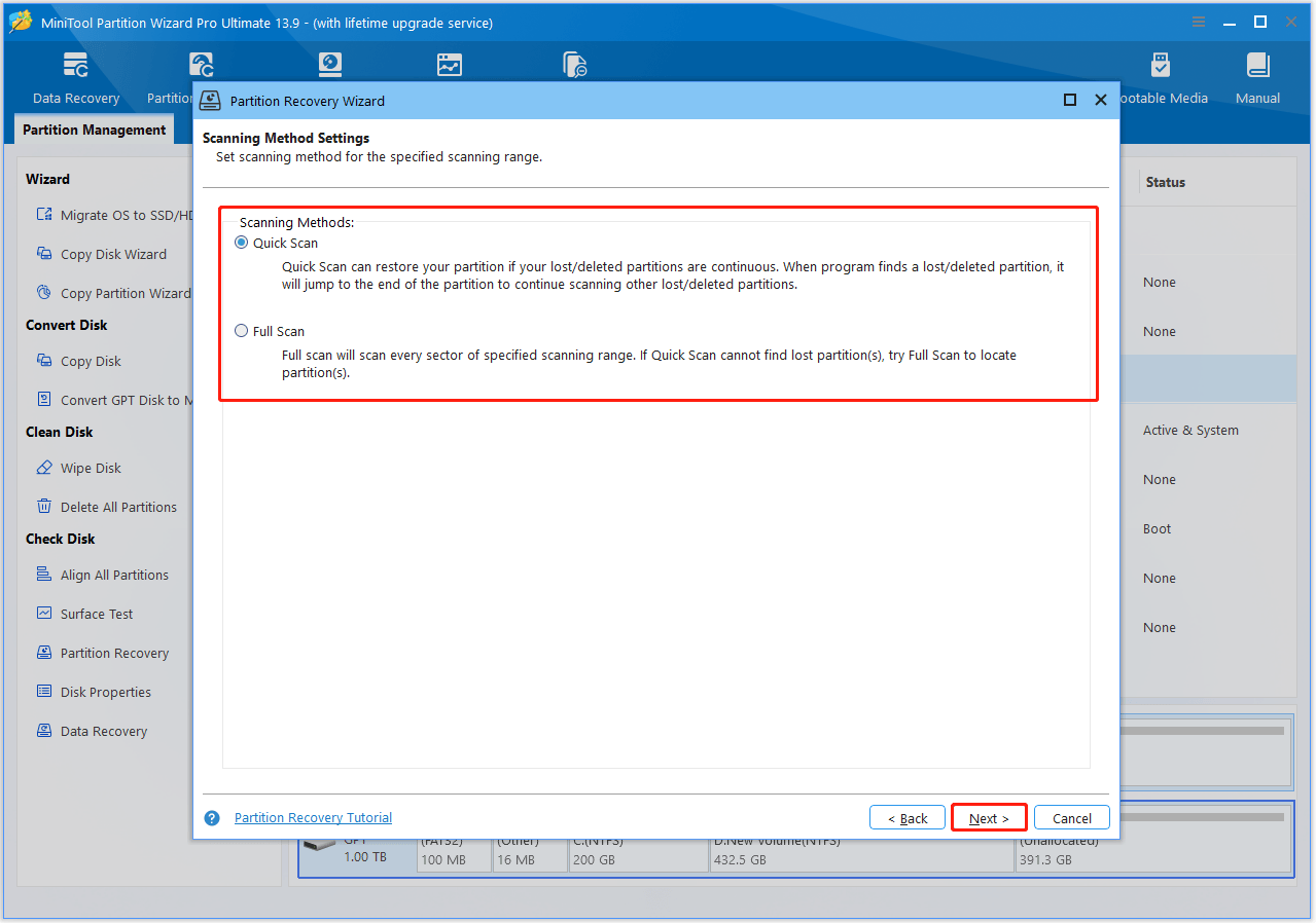 The interface of MiniTool Partition Wizard with the Partition Recovery Wizard window and selected Scanning Methods.