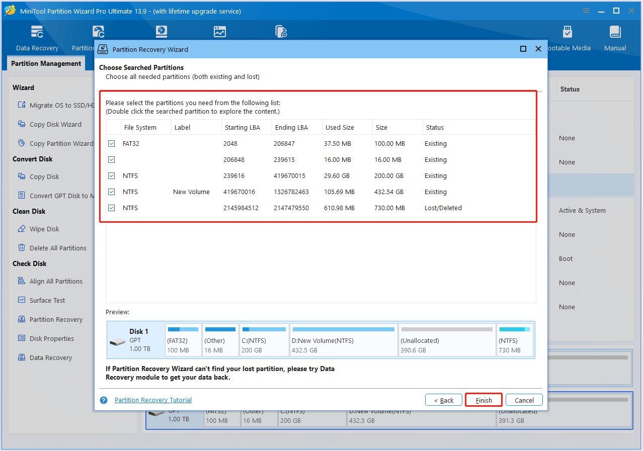The interface of MiniTool Partition Wizard with the Partition Recovery Wizard window and selected Finish.