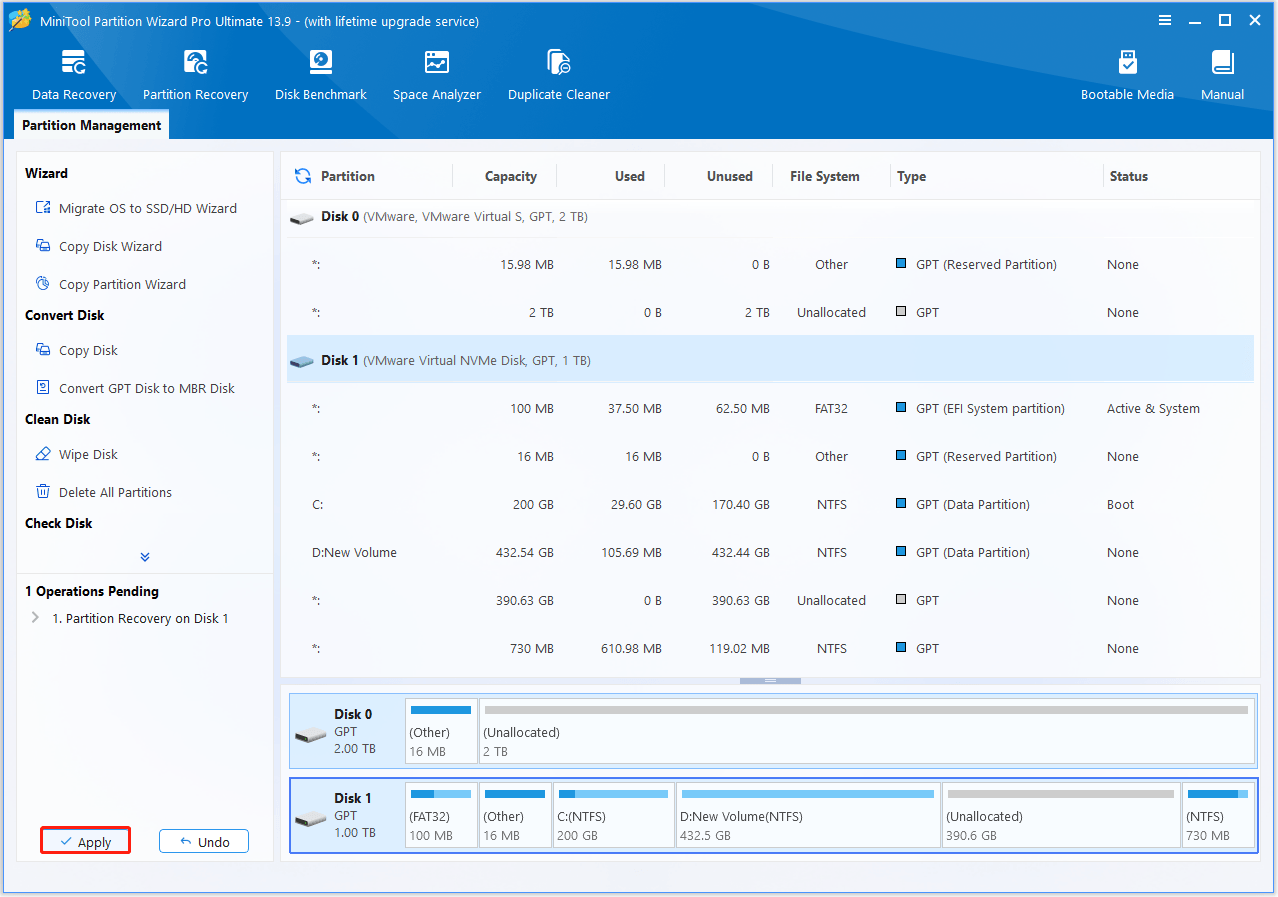The interface of MiniTool Partition Wizard with selected Apply.