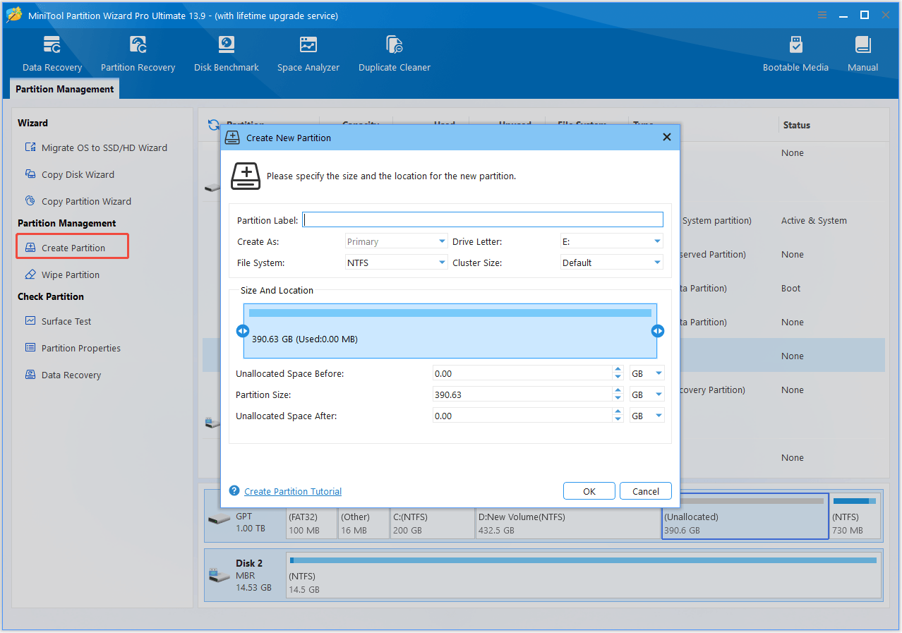 The interface of MiniTool Partition Wizard with selected Create Partition.