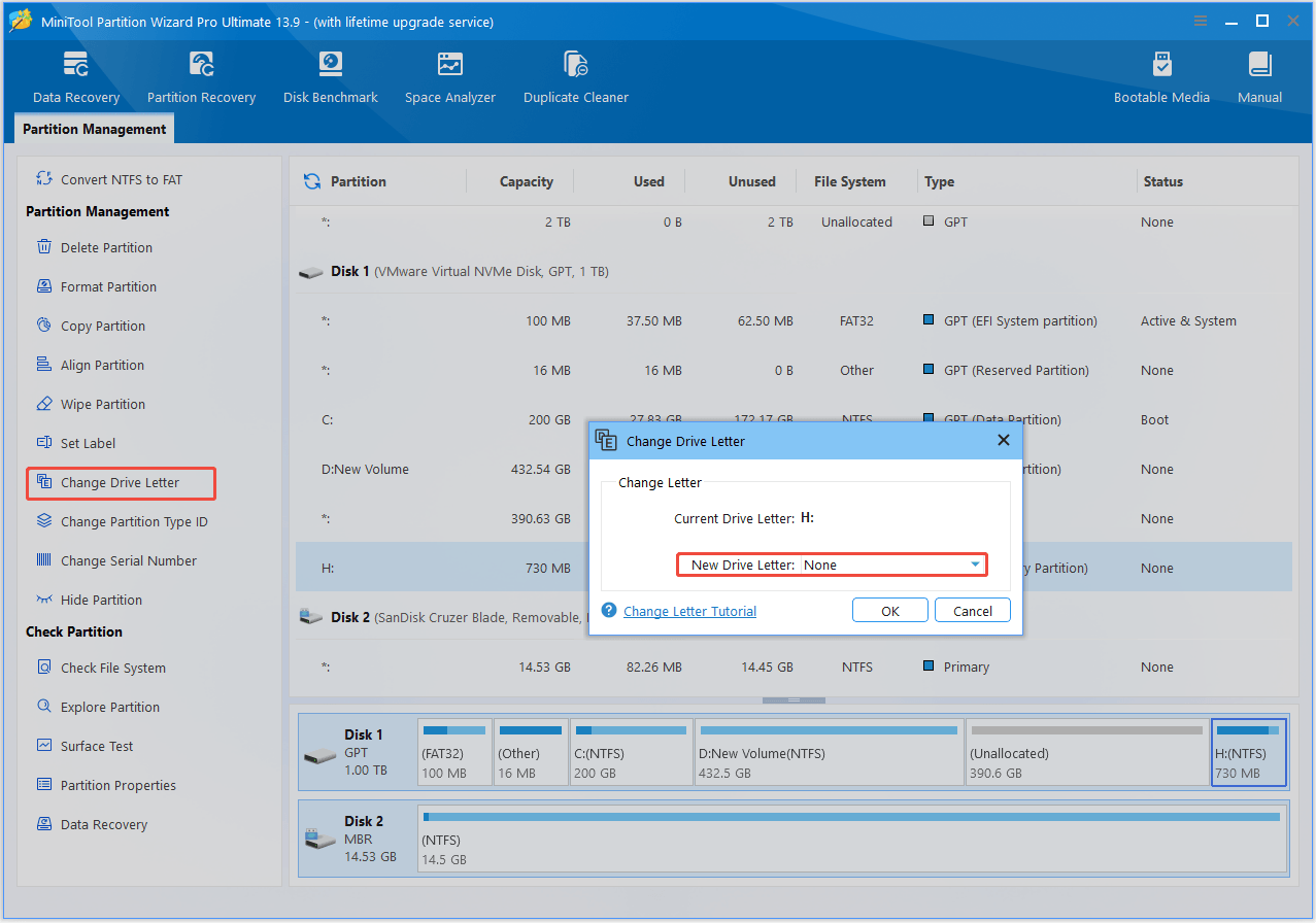 The interface of MiniTool Partition Wizard with selected Change Drive Letter.