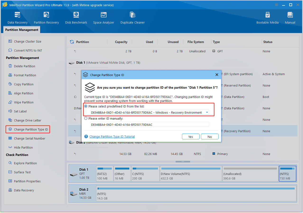 The interface of MiniTool Partition Wizard with selected Change Partition Type ID.