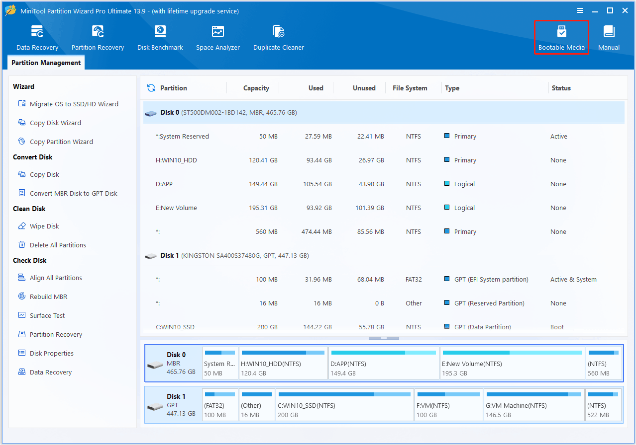 The interface of MiniTool Partition Wizard with selected Bootable Media.