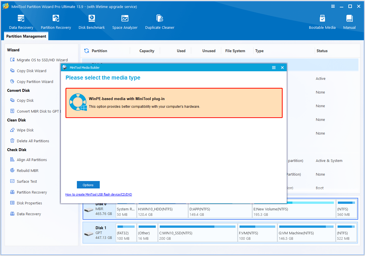 The interface of MiniTool Partition Wizard with selected WinPE-based media with MiniTool plug-in.
